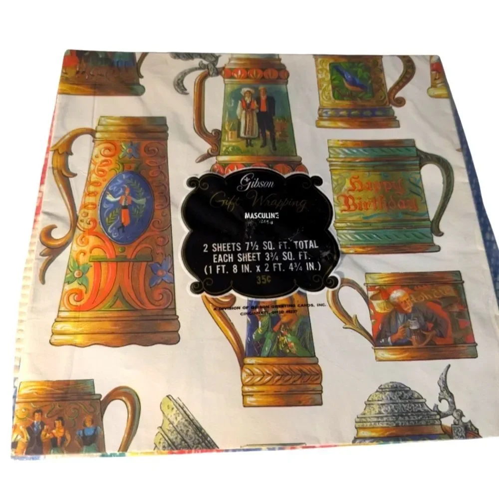 Vintage Gibson Bear Stein Mug‎ Happy Birthday Wrapping Paper NIP Rare